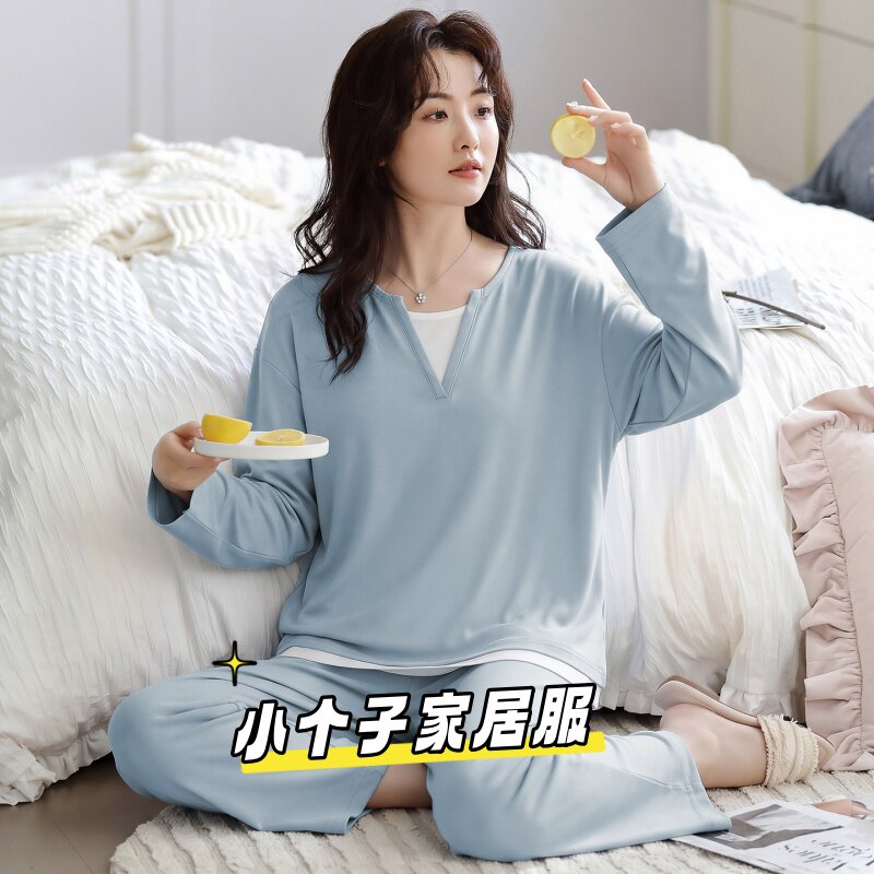 小个子女生秋季纯色可外穿睡衣