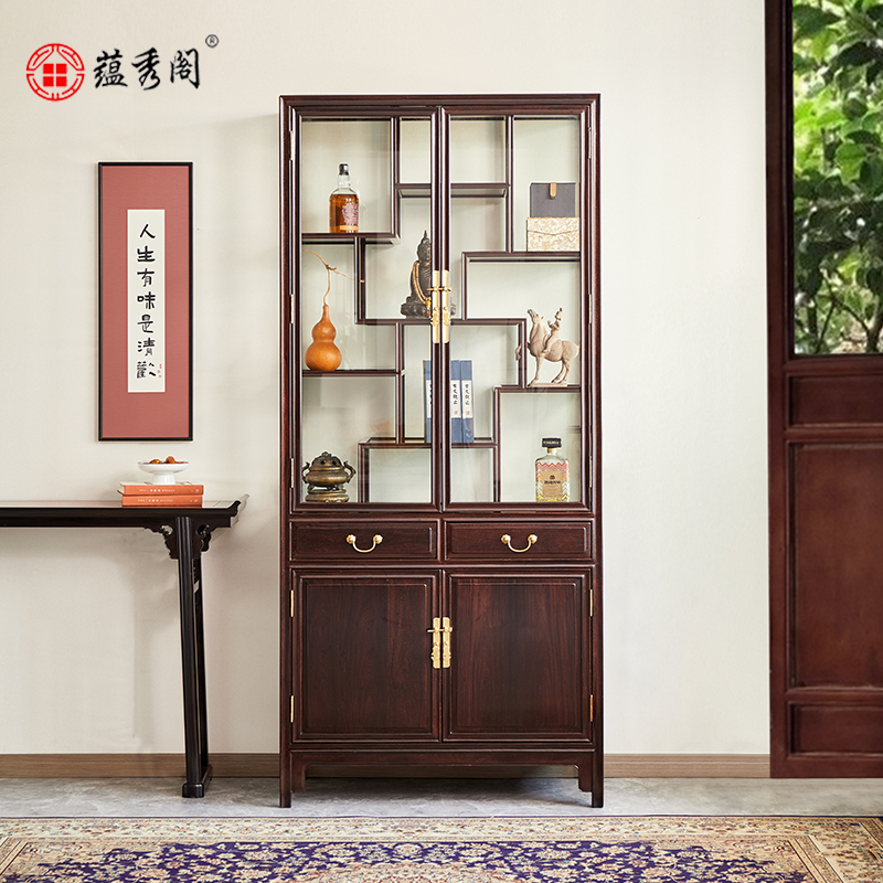 蕴秀阁红木博古架赞比亚血檀明式家具玻璃多宝格橱小叶紫檀古董柜