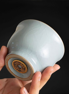 汝窑铜钱主人杯康熙通宝个人杯品茗杯中式复古功夫茶杯高档汝瓷