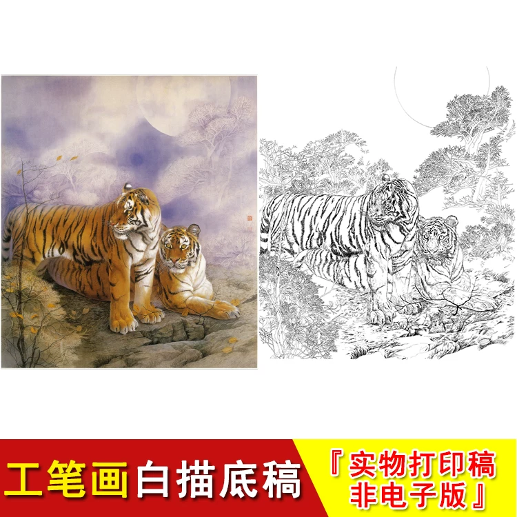 老虎工笔画白描底稿国画临摹底稿大幅实物打印用宣纸临摹勾线LQ07