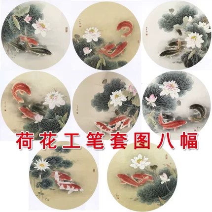 鲤鱼荷花工笔画白描底稿国画花鸟小品初学临摹一套8幅实物Q005