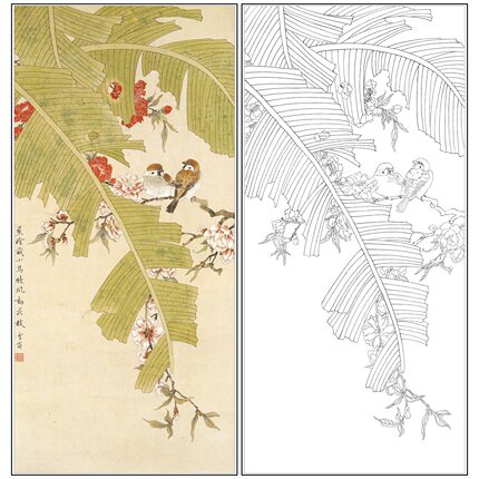 陈之佛花鸟竖幅工笔画白描底稿《蕉荫藏小鸟》芭蕉打印线稿QA26