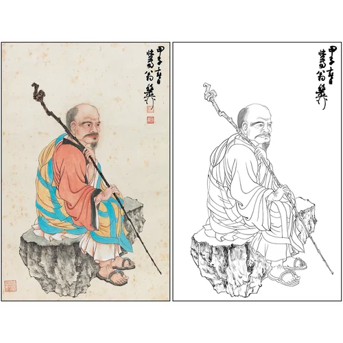 工笔画白描底稿人物谢稚柳《罗汉图》临摹勾线高清打印线稿XZ28