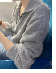 秋冬女polo领羊毛针织衫套头衬衣领宽松打底毛衣纯色韩国慵懒风