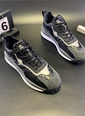 网红同款潮鞋24冬季新品男士拼接高帮厚底加绒保暖系带韩版休闲鞋