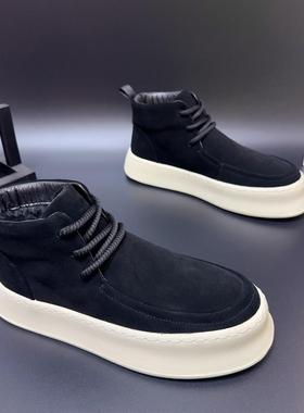 翻毛皮男鞋2024冬季新款棉鞋加绒保暖厚底系带百搭休闲高帮板鞋