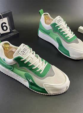 2024夏季低帮透气网面男鞋系带拼色厚底运动休闲鞋户外跑步青年鞋