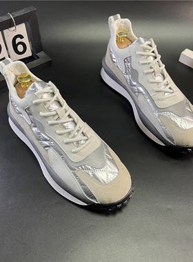 网红同款潮鞋2024春季新品男士拼接高帮厚底系带韩版板鞋百搭休闲