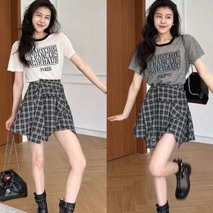女 2025夏季 新款 设计感字母印花短袖 T恤高腰显瘦半身裙子两件套装