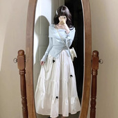 早春穿搭套装 2025小香风可爱蓝色长袖 上衣气质减龄半身长裙两件套