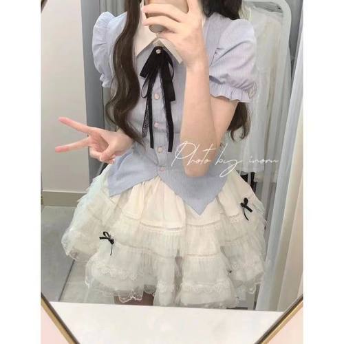 大码甜辣妹泡泡袖短款衬衫上衣女夏季纯欲蛋糕半身裙胖mm显瘦套装