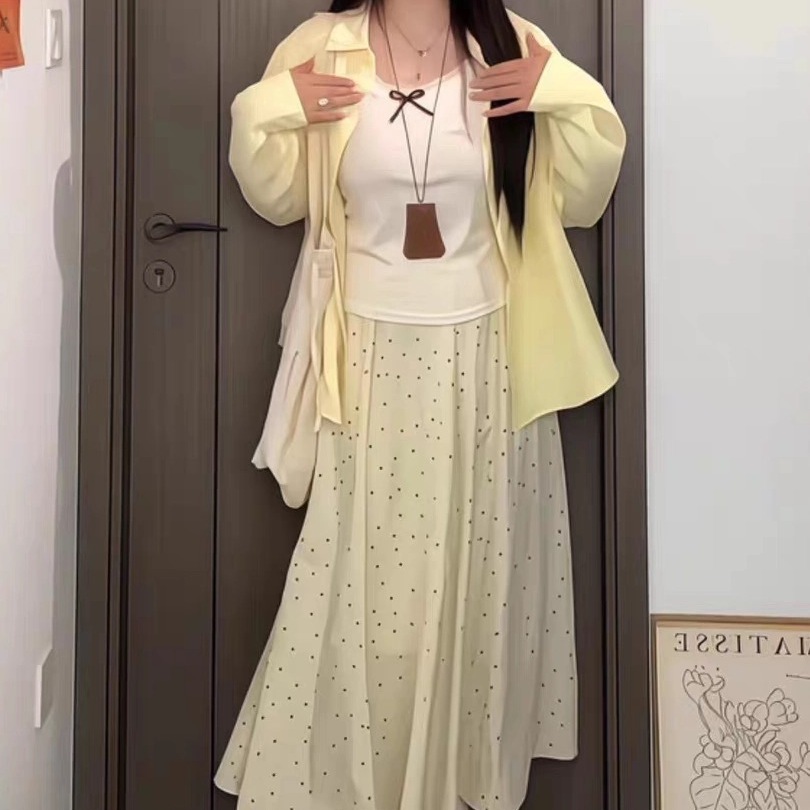 大码女装韩系气质春夏款微胖MM长袖衬衫吊带背心波点半身裙三件套
