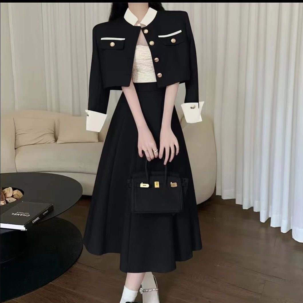 2023新款早春撞色立领短款小香风套装裙两件套气质成熟御姐套装裙