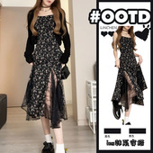 茶歇裙蓬蓬长裙收腰甜辣套装 黑色吊带碎花连衣裙女小个子夏季 法式