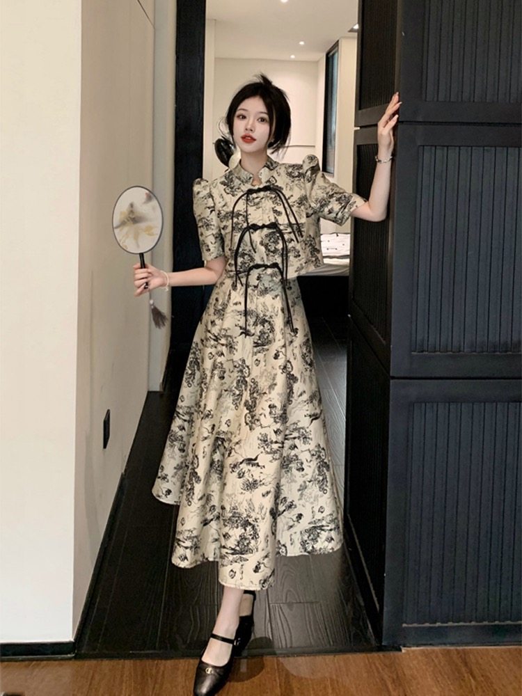 新中式提花盘扣短袖上衣高腰A字半身裙女夏季2023新款时尚两件套,女装/女士精品,时尚套装,淘宝优惠券,粉丝福利购,淘宝优惠卷