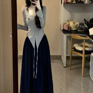 海边度假风沙滩长裙套装 法式 爆款 2025新款 蓝色吊带连衣裙子女秋季