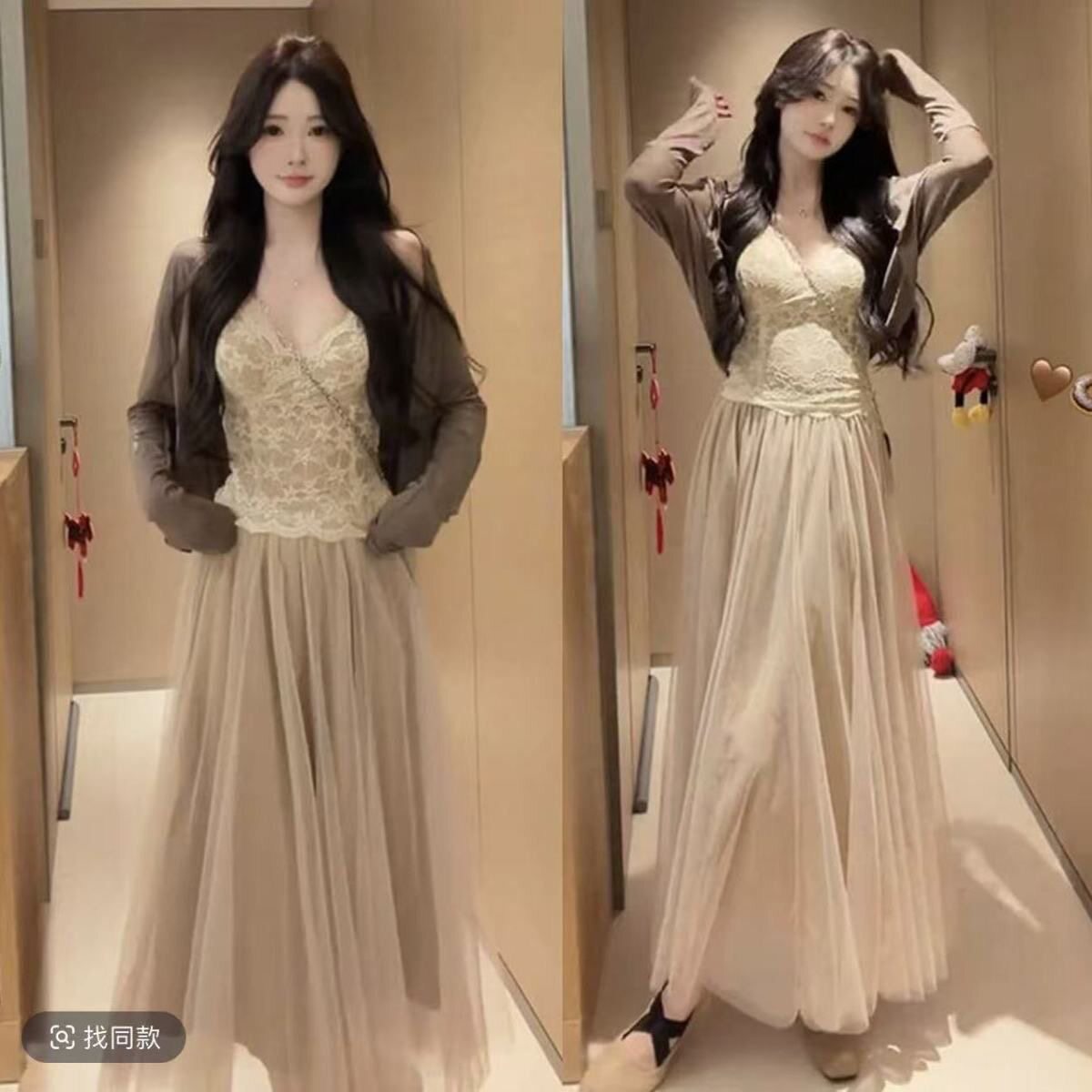 春季新款连衣裙套装女蕾丝胸垫吊带针织开衫外套网纱半身裙三件套