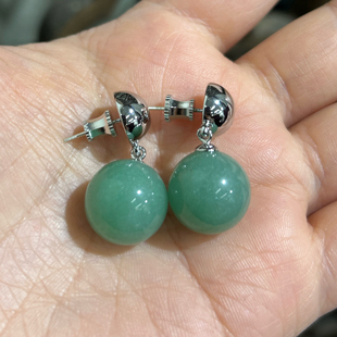 复古文艺 14MM绿色玉石耳钉女气质耳环圆珠耳线简约耳饰耳坠