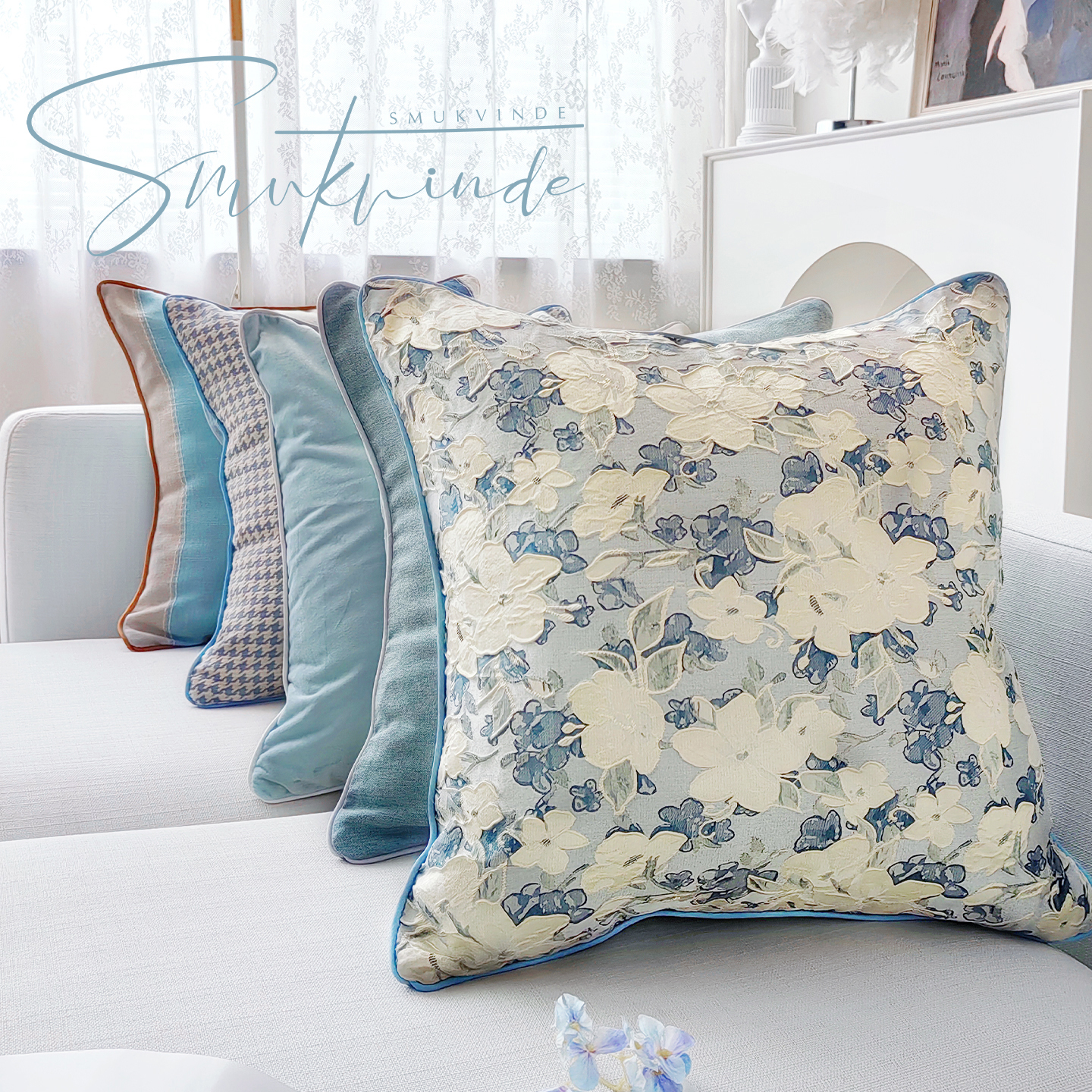 法式复古抱枕套客厅沙发靠垫蓝色