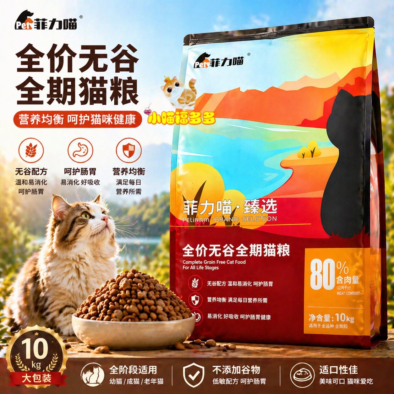 菲力喵猫粮10KG天然无谷全价猫粮成猫幼猫挑嘴增肥发腮美毛推荐