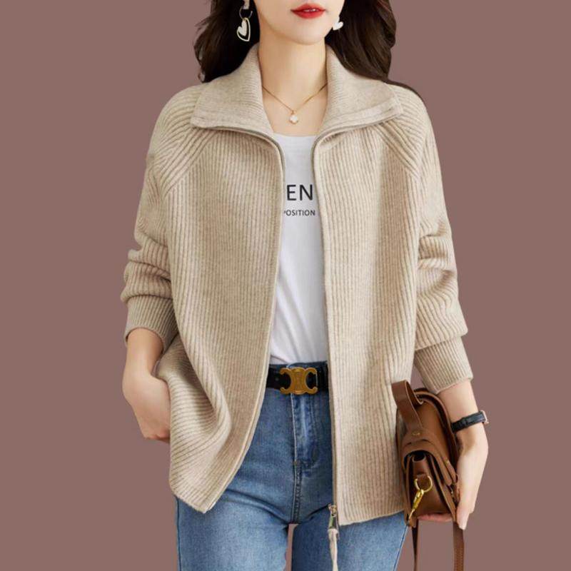 2025秋冬纯色百搭外搭翻领针织衫女开衫拉链毛衣外套宽松女立领潮,女装/女士精品,毛针织衫,淘宝优惠券,粉丝福利购,淘宝优惠卷