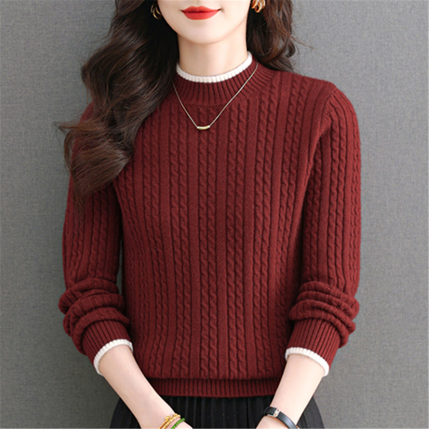 半高领麻花毛衣女宽松针织打底衫