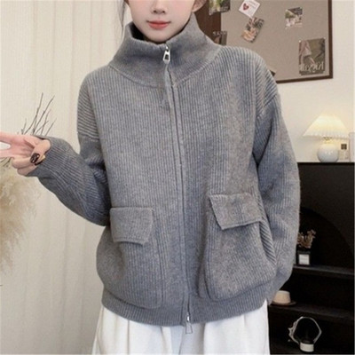 秋冬季加厚拉链衫毛衣女宽松外套
