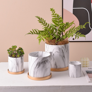 北欧创意直筒大理石纹简约陶瓷花盆大号清仓绿萝厅室内桌面带托盘