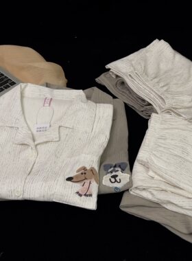 男女士睡衣夏季加大码短袖短裤围巾小狗开衫家居服情侣三件套装