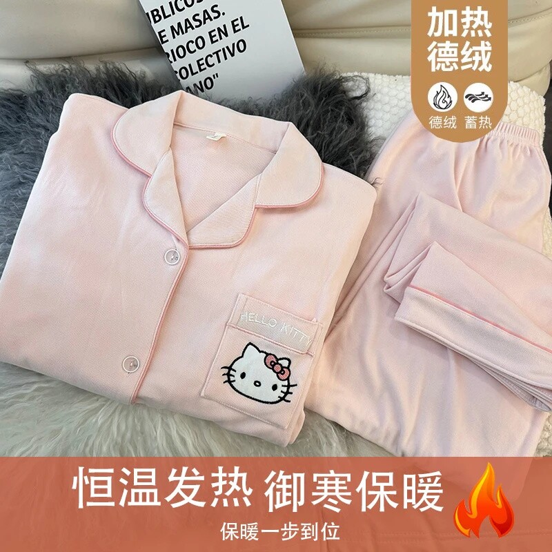 HelloKitty德绒睡衣女秋冬季珊瑚绒加绒加厚长袖春秋款家居服套装