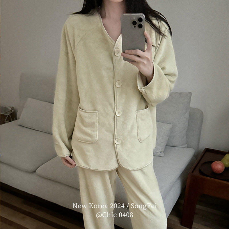 哑光牛奶绒韩风松弛睡衣女套装秋冬季加绒加厚家居服保暖二件套