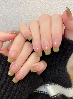 清新水蜜桃色手指甲贴片绿色法式穿戴甲美甲片nails显白成品批发