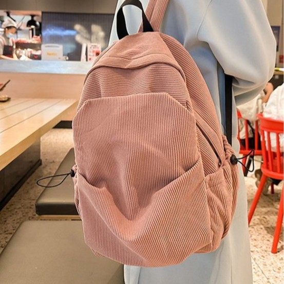新款日系ins纯色书包女韩版高中大学生灯芯绒背包森系大容量双肩