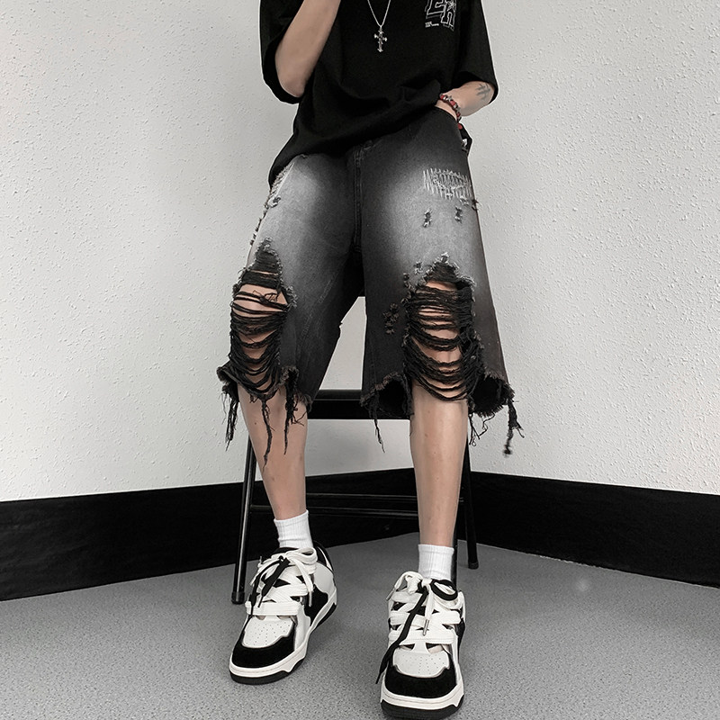RIPPED DENIM SHORTS MENS SUMMER THIN OVER-THE-KNEE MIDDLE PANTS RAW EDGES BEGGARS FRIED STREET PANTS HIGH STREET TIDE INS