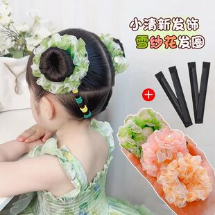 女童洋气清新丸子头盘发器森系雪纱发圈儿童甜美清爽双丸子头发饰