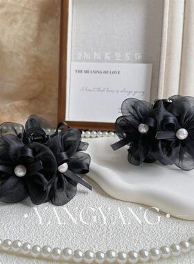 2025款轻奢气质高级感网纱花朵珠珠蝴蝶结碎发夹发饰7cm