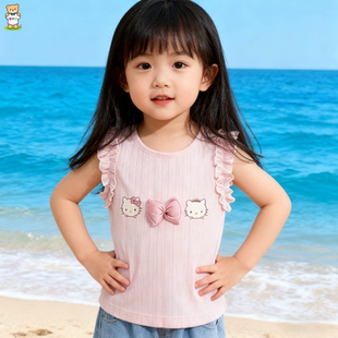 女童短袖夏日花边立体蝴蝶可爱卡通印花女宝夏季T恤圆领百搭上衣