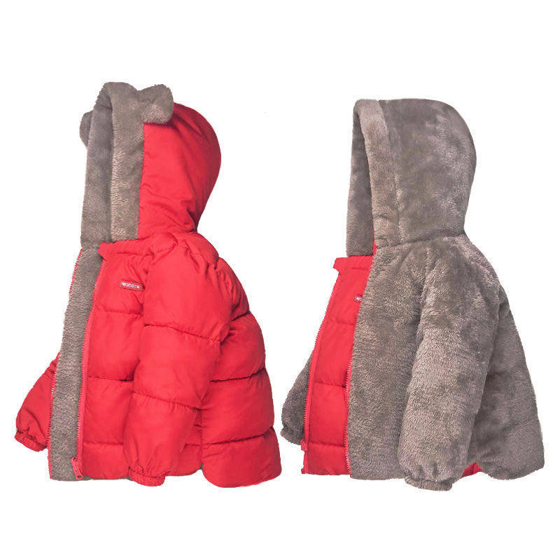 儿童两面穿羽绒棉服韩版纯色连帽