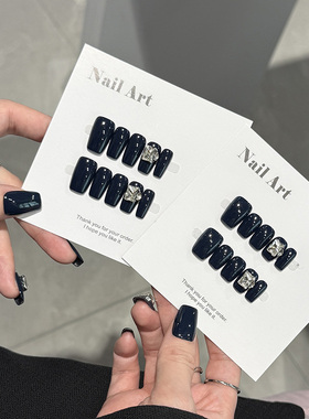 NailArt藏青色穿戴甲高级显白短中方长梯ins纯欲风氛围感学生美甲