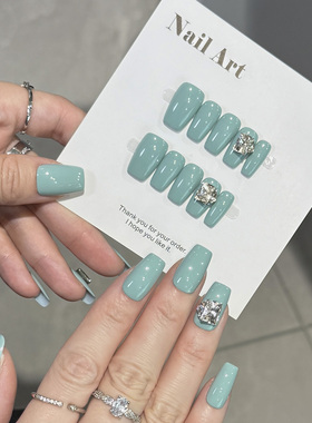 NailArtbaby蓝堆钻穿戴甲高级显白短中方ins纯欲风氛围感学生美甲