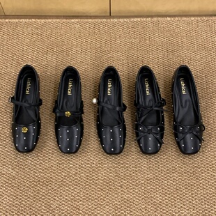 气质蝴蝶结单鞋 内增高小香风铆钉山茶花黑色玛丽珍鞋 2026年新款