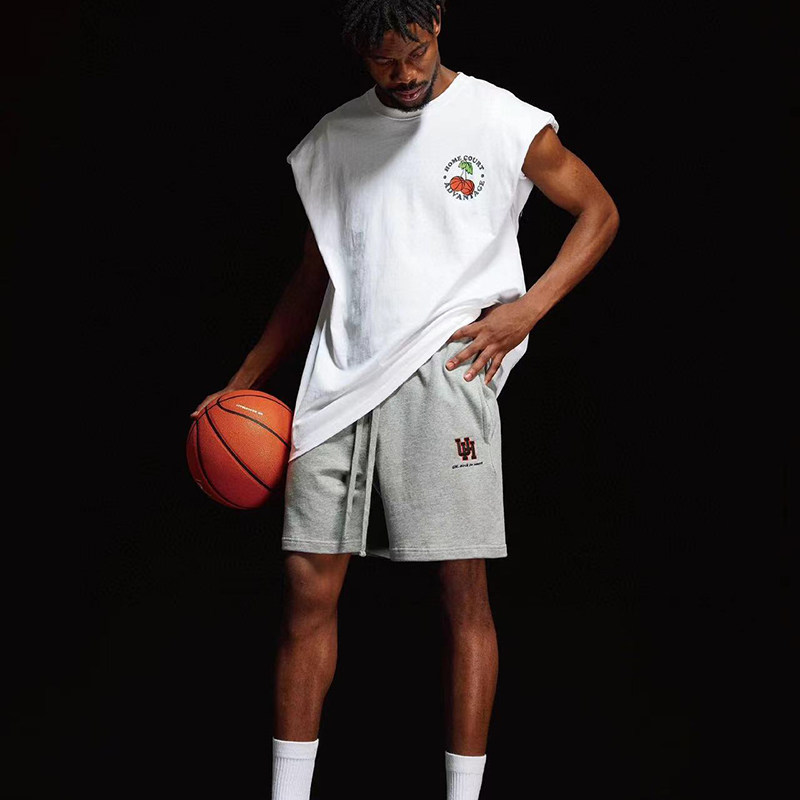 UH篮球美式短裤冷灰重水洗拼色刺绣纯棉重磅灰色短裤男运动四分裤