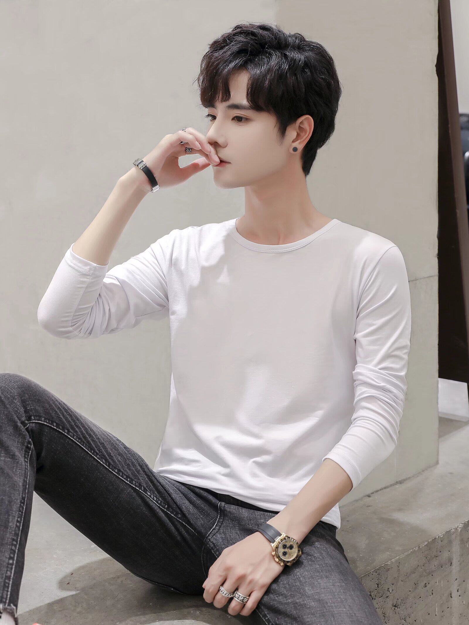 2024新款男士长袖T恤纯色百搭上衣男体桖大码内搭打底衫青少年衫