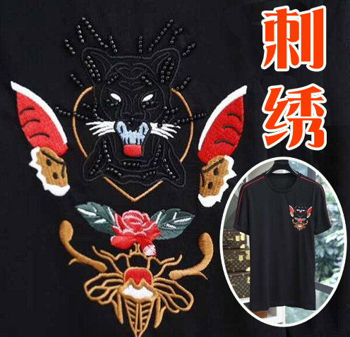 夏季丝光棉刺绣男士圆领短袖T恤