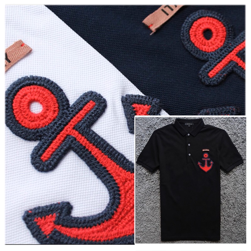 清仓1折夏季丝光珠地面料水手风时装刺绣男翻领短袖T恤D704 p20