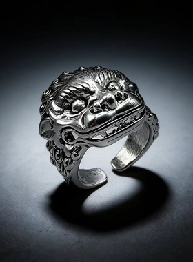 原创设计复古狮子头造型指环貔貅霸气夸张男款泰银醒狮戒指