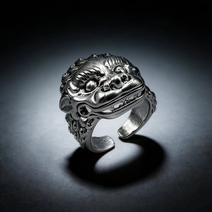原创设计复古狮子头造型指环貔貅霸气夸张男款泰银醒狮戒指