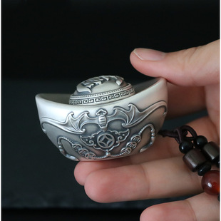 足银999银元宝手把玩件招财进宝福字元宝银锭可转动随身车挂银饰