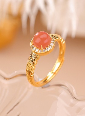 泰银民族风南红圆珠镶嵌锆石如意简约复古国潮可调节戒指女