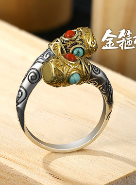 高档精致祥云金箍棒戒指泰银男士复古女款个性民族风镶嵌松石南红